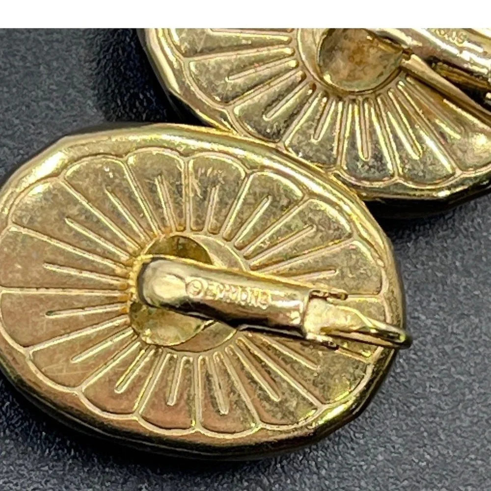 Emmons Vintage Cobalt Blue Oval Cabochon Gold Tone Scallop Clip Earrings